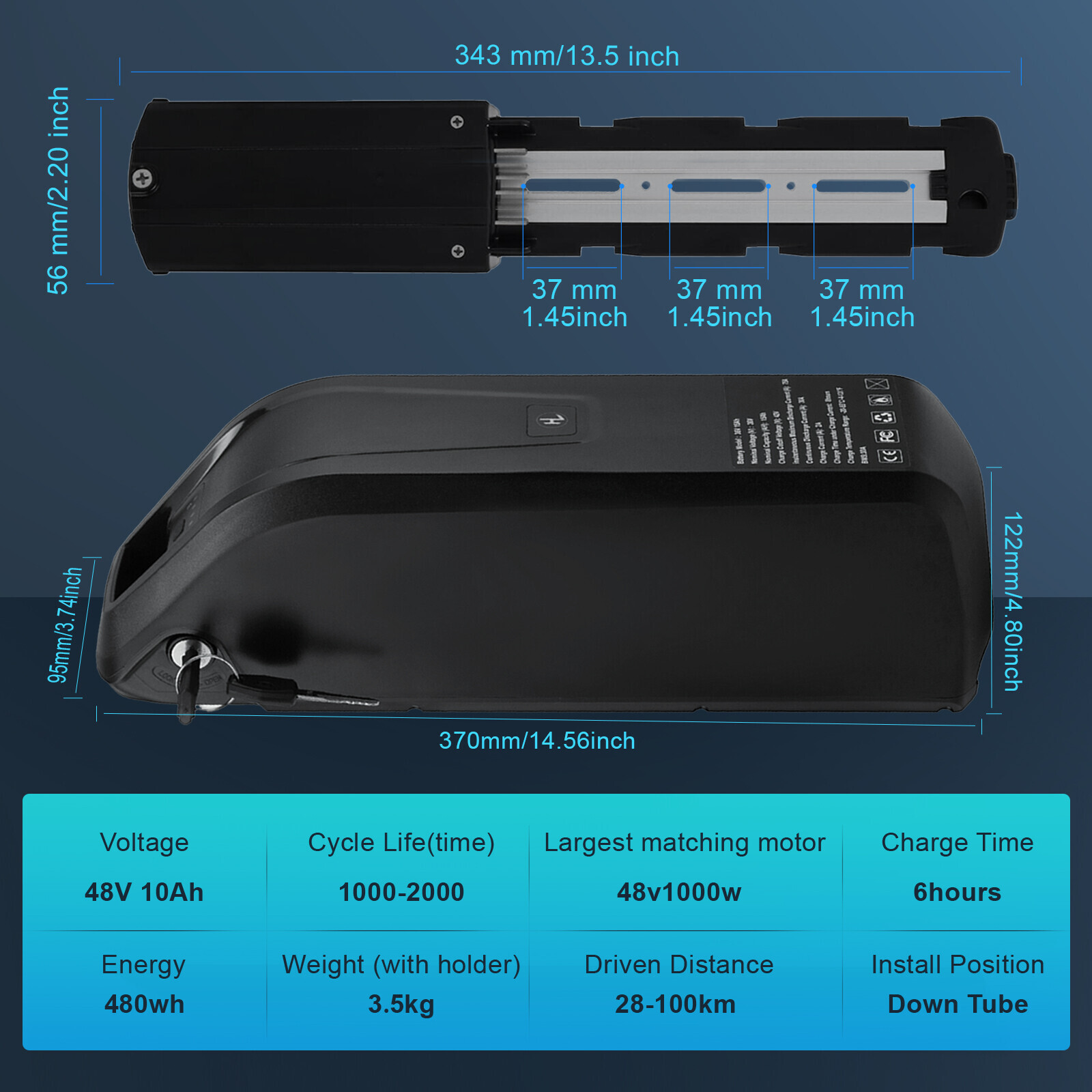 Ebike Battery 48V 36V 10Ah Battery 200W-1000W Electric Bike Black