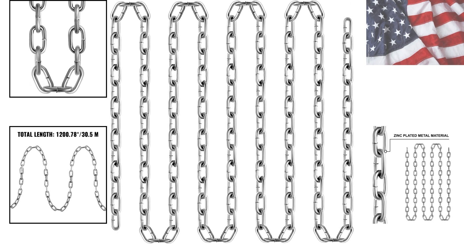 Grade 30 Chain 3/16 Inch by 100Ft Length Grade 30 Proof Coil Chain Zinc Plate…