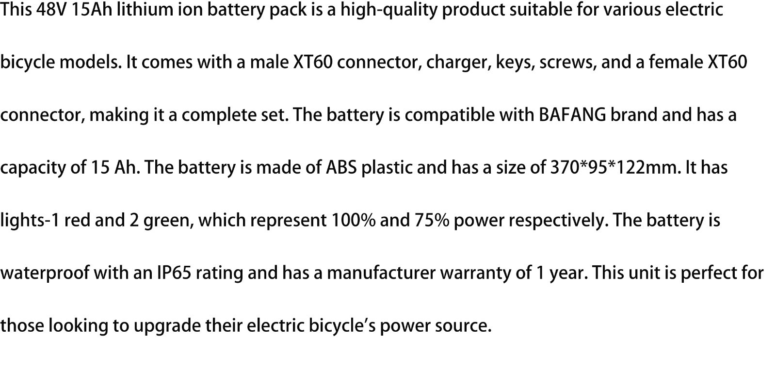 Ebike Battery 48V 15Ah Lithium Battery Pack for 250W-1500W Electric Bike Motor