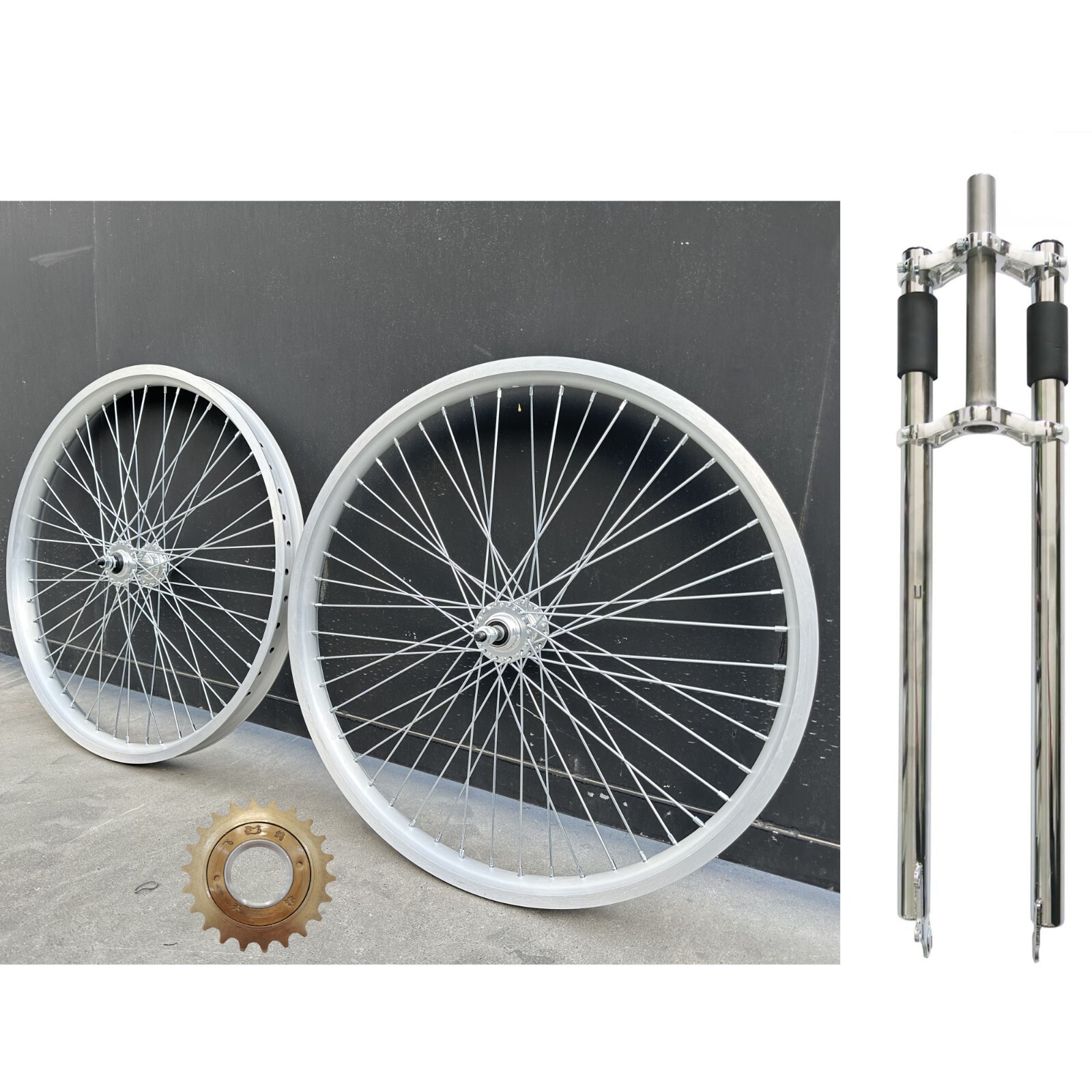 26″ Fat Tire Heavy Duty Bicycle Wheels 12G & Triple Tree Bike Fork & Freewheel