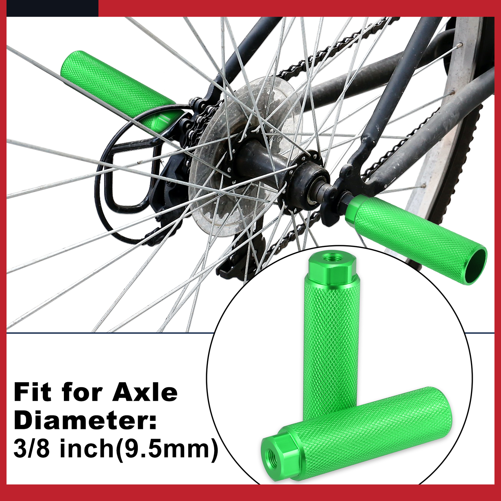 Universal Aluminum Alloy Rear Foot Peg Green for MTB Bicycle 3/8″ Axle Pack of 2
