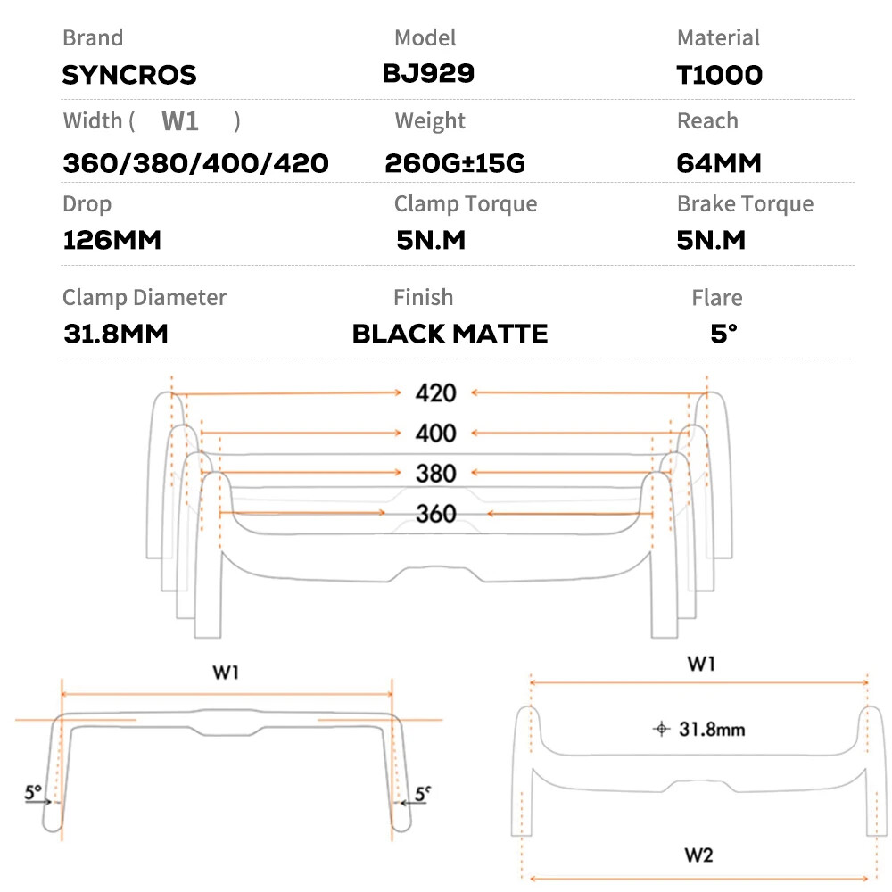 Road Bike Handlebar 380mm/400mm/420mm/440mm Black Matt Fully Internal Routing