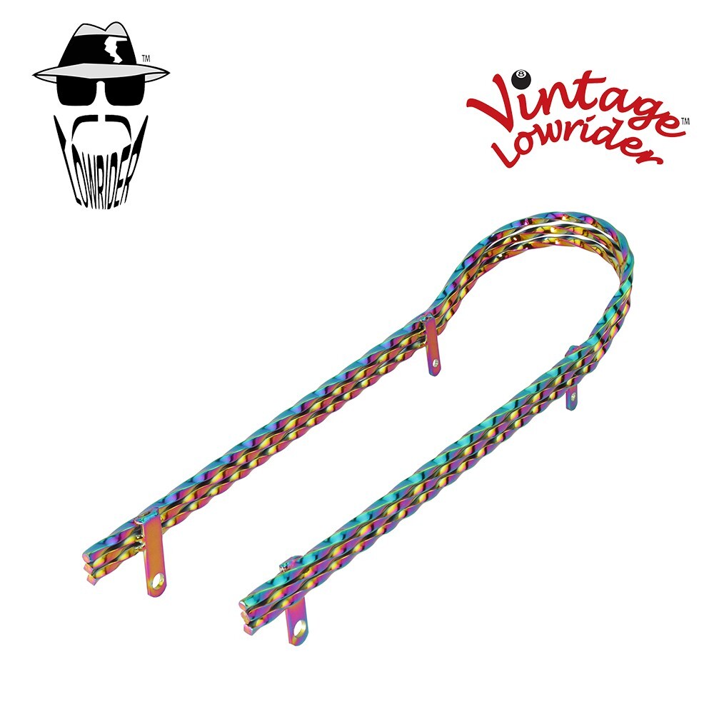 18″ LONG LOWRIDER BICYCLE TRIPLE SQUARE TWISTED SISSY BAR IN (OIL SLICK) NEON