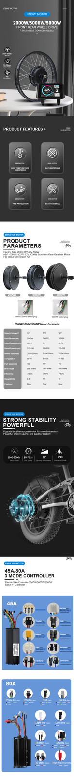 72V 2000W/3000W/5000W Snow E-bike Fat Tire Brushless Gearless Rear Hub Wheel