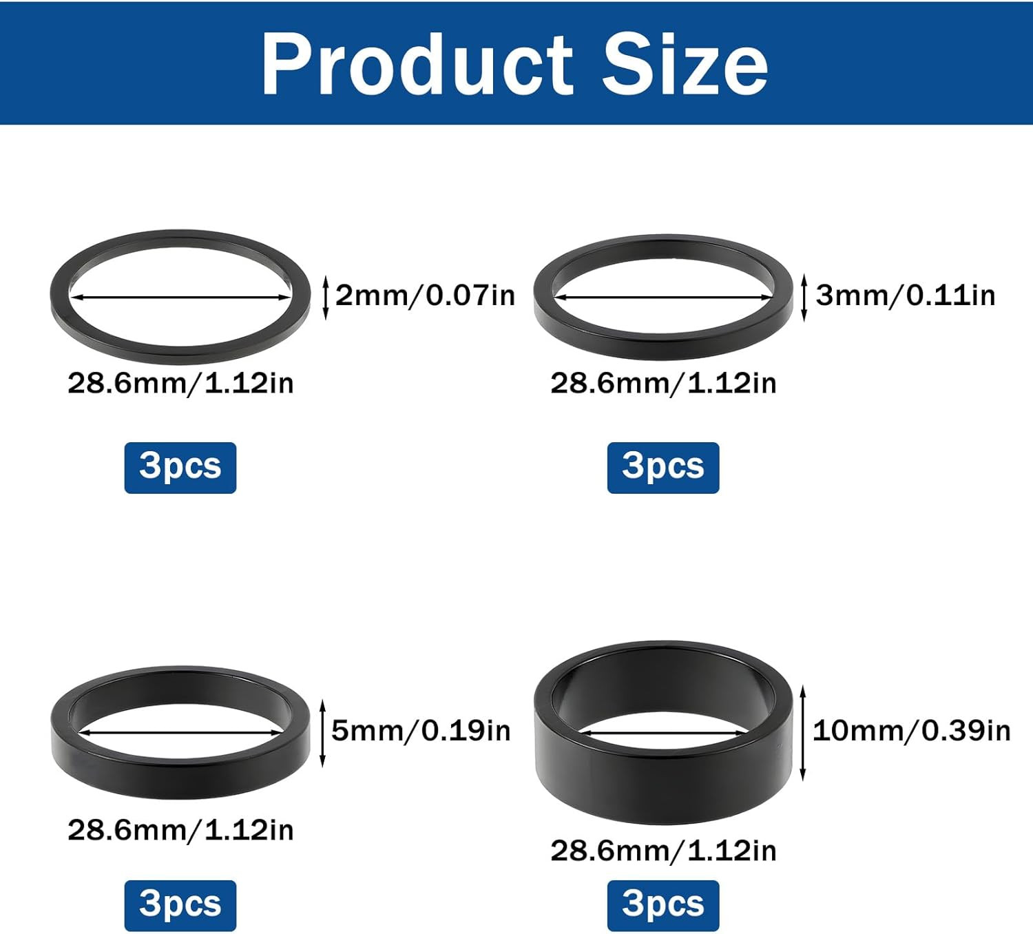 12PCS Aluminum Bike Stem Spacers 1 1/8 – 4 Sizes (2mm, 3mm, 5mm, 10mm) for MTB,