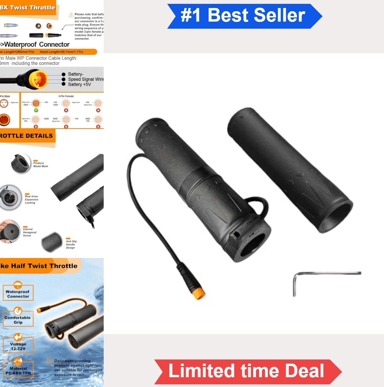 Ebike Half Twist Throttle 3 Pin Waterproof 12V 24V 36V 48V 60V 72V For 22mm