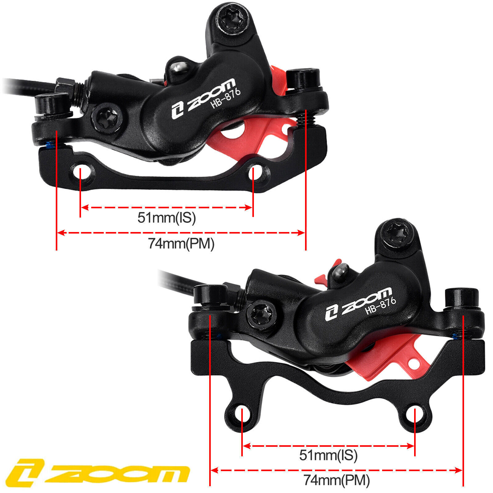 ZOOM HB-876E E-Bike Red Hydraulic Disc Brake 4-Piston Caliper w/Power-Off MTB