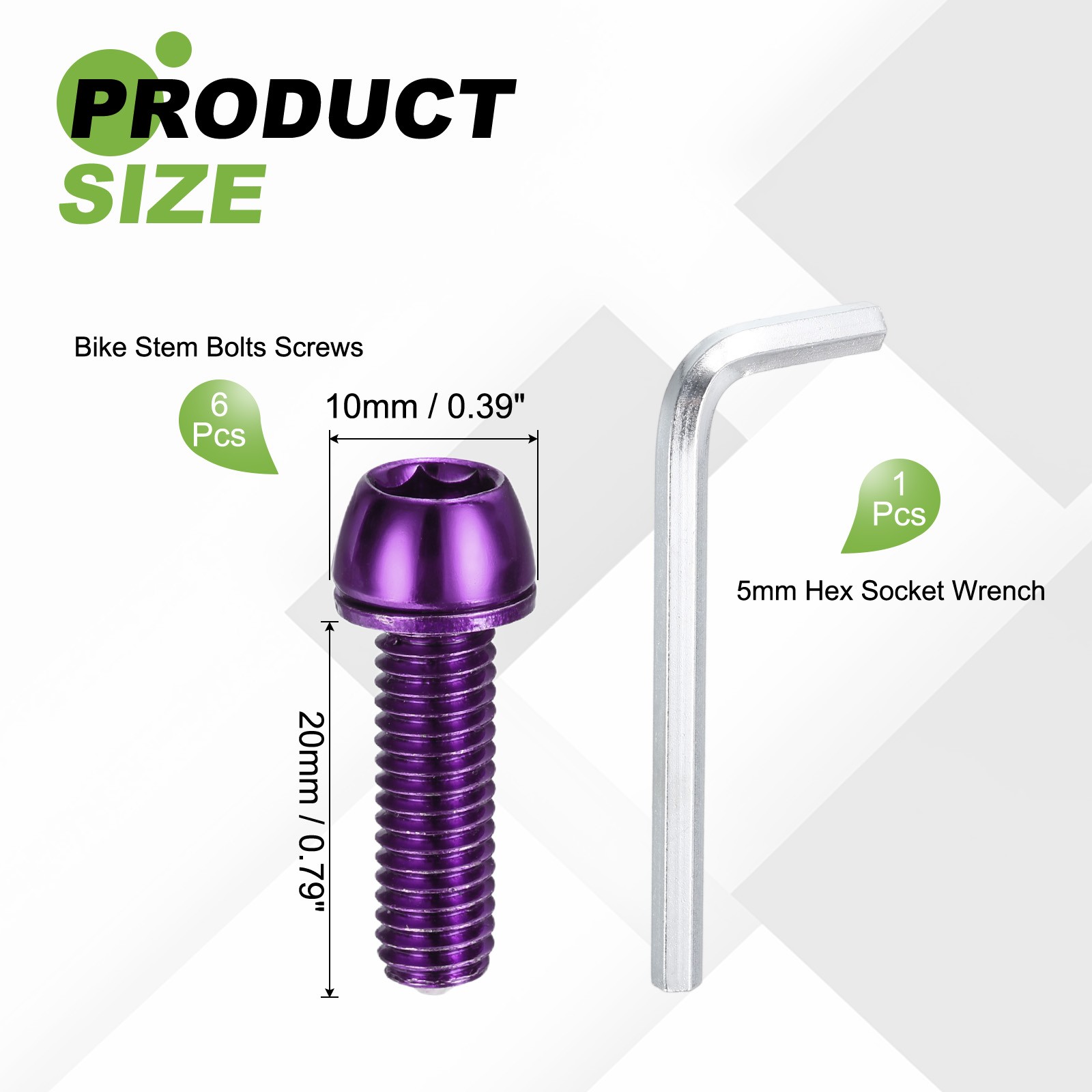 M6 x 20mm Bike Stem Bolts, 6pcs Tapered Bolts Screws for Bicycle Stem, Purple