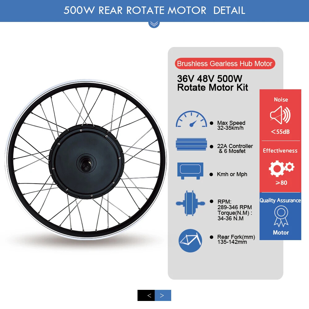 36V 48V 500W Rear Rotate Brushless Gearless Hub Motor for E-bike Conversion Kit