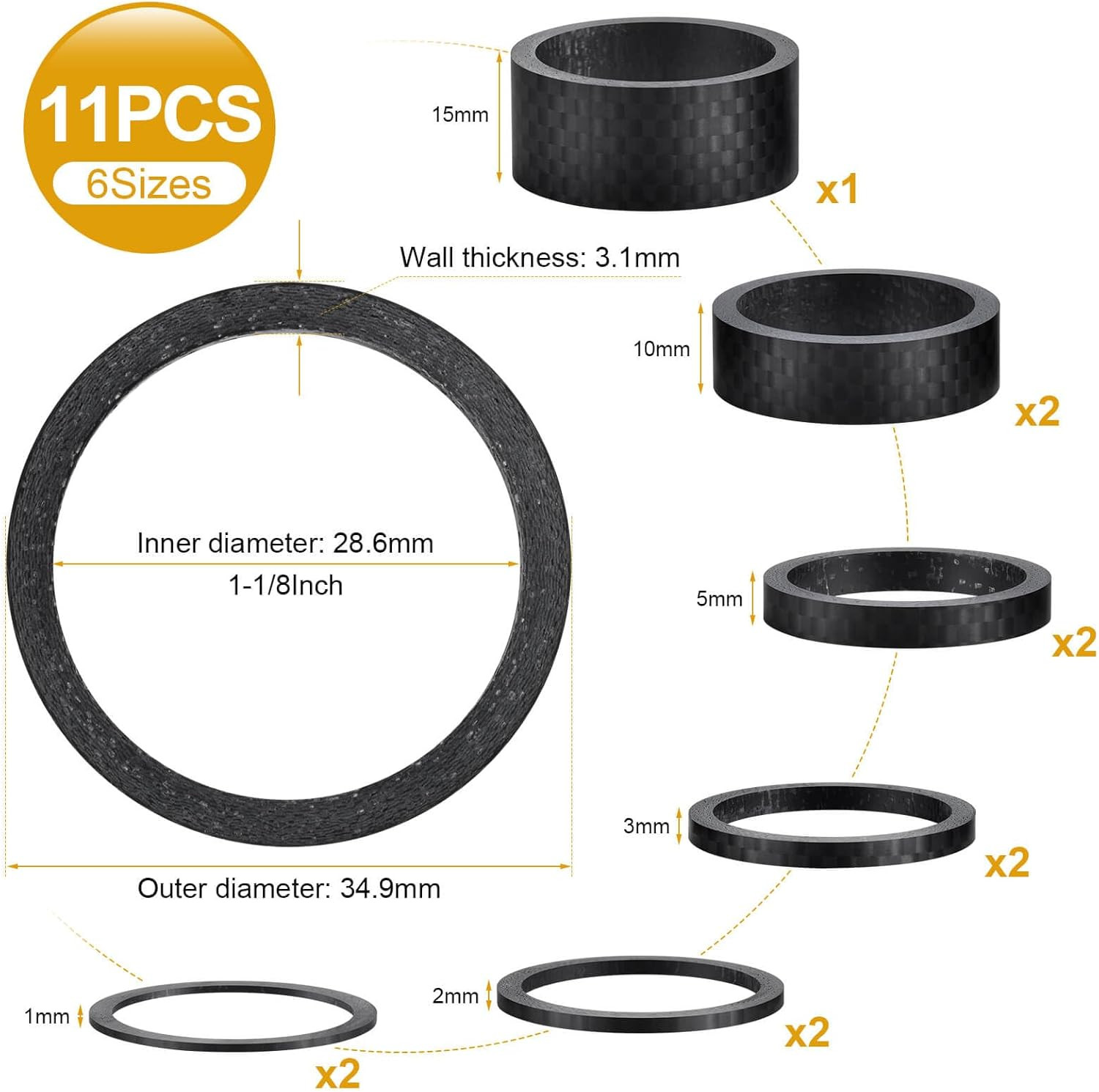 11Pcs Carbon Fiber Headset Spacers 1 1/8″ Headset Spacer for MTB BMX Road Bikes