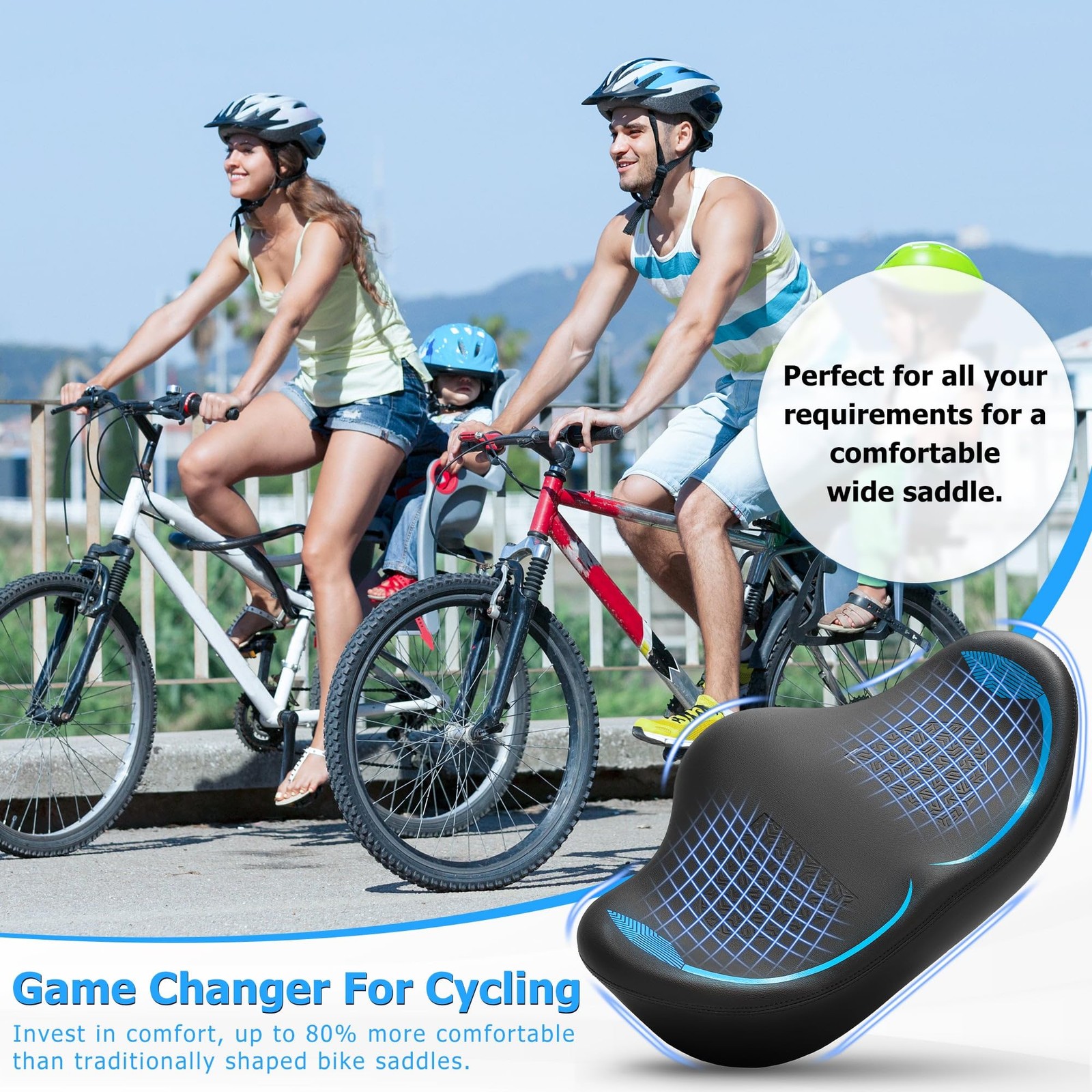 Noseless Oversized Bike Seat For Men Women Comfort Extra X-Large Blue Cushion