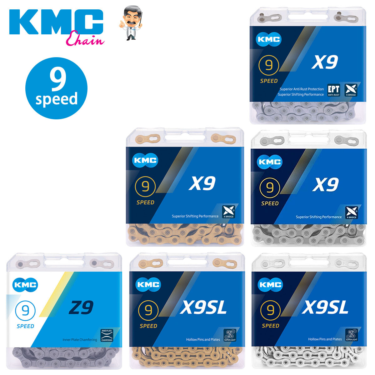 KMC 9 Speed Z9 X9 X9SL Bike Chain Retail Pack 116 Links fits Shimano SRAM Campy
