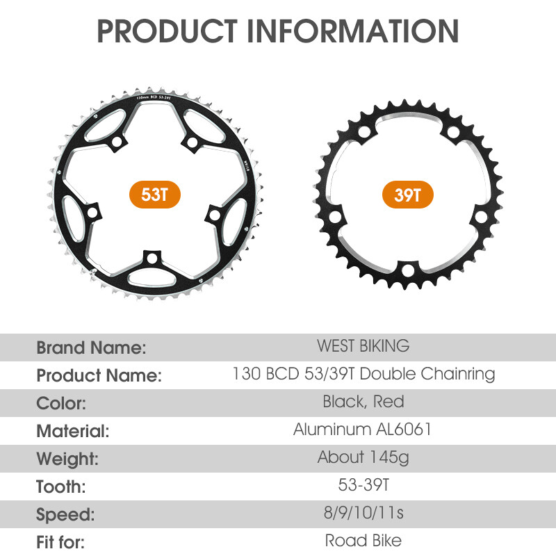 WEST BIKING Road Bike Chainring 130BCD 39/53T Tooth Plate for 8/9/10/11 Speed