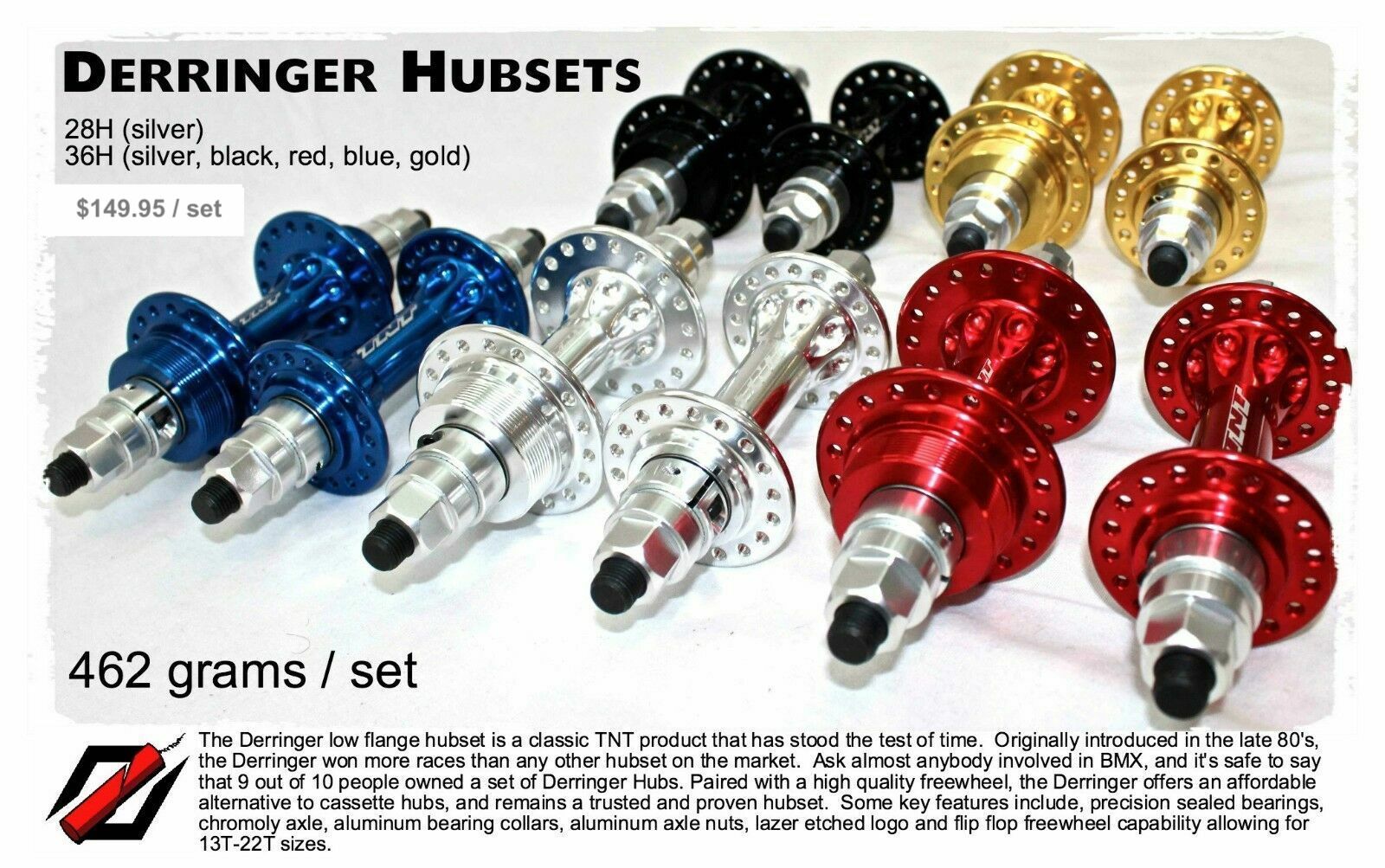 BMX – TNT BICYCLES DERRINGER HUB SET, FREEWHEEL, RED, BLUE, BLACK, SILVER, GOLD