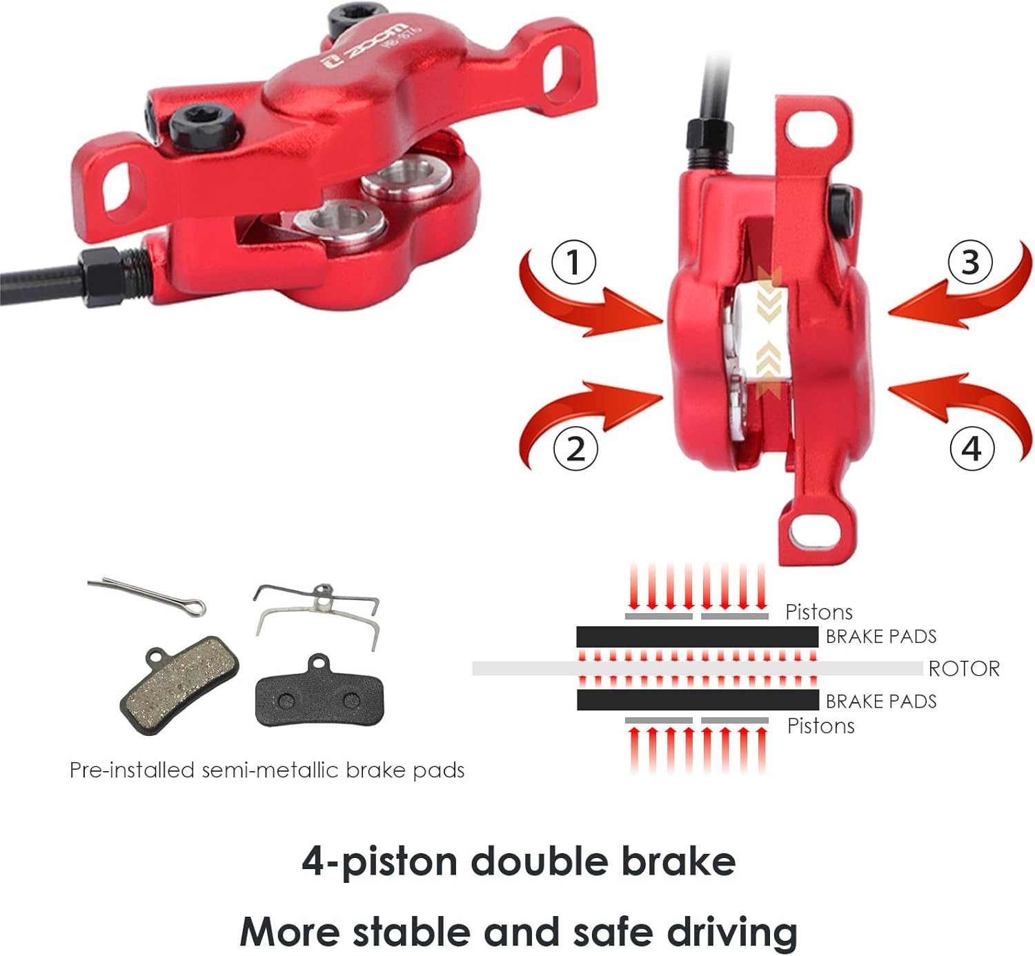 Zoom HB876E 4-Piston Ebike Hydraulic Disc Brake Set, Power-Off System with 2/3-P