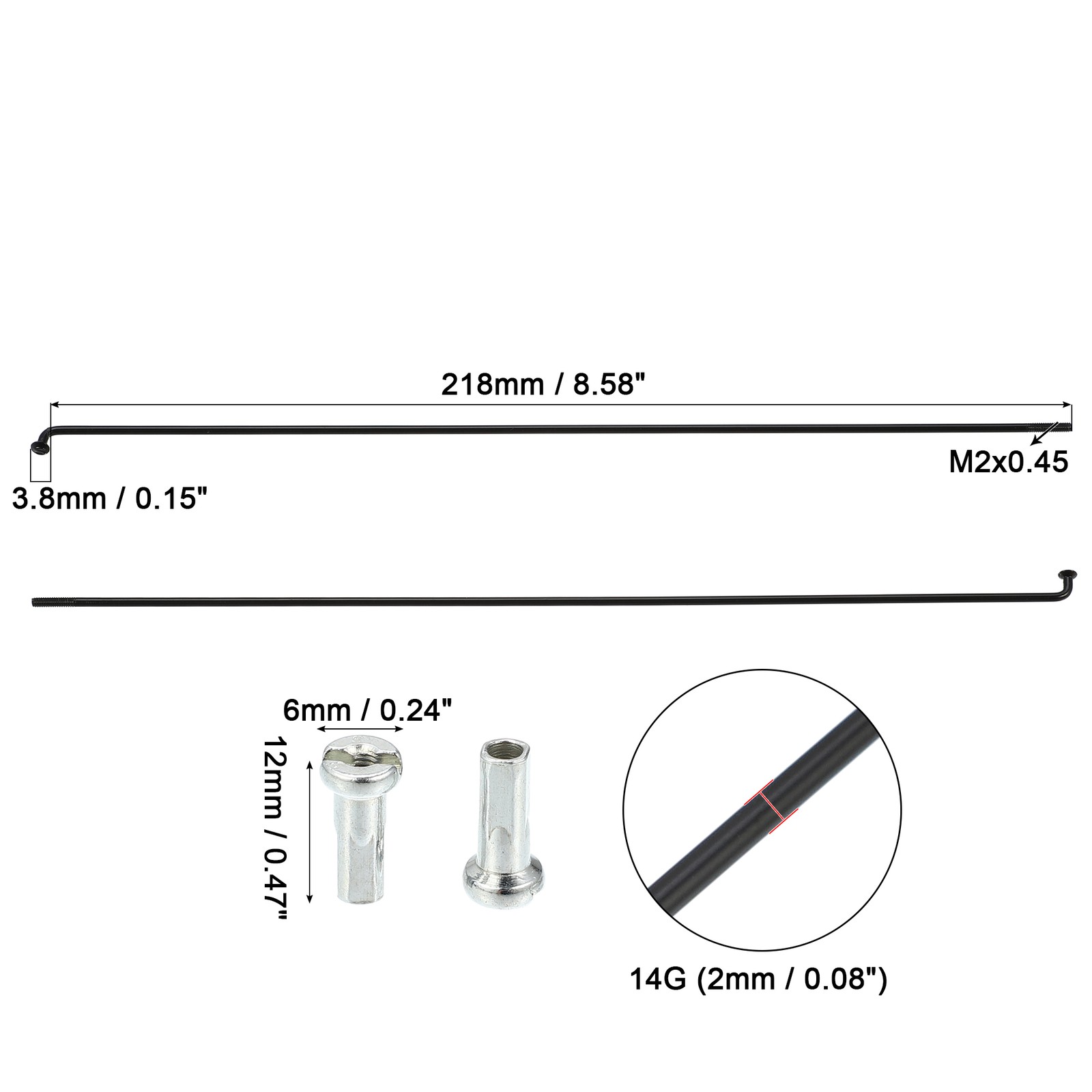 Universal Piece of 40 14G J Bend 218mmx2mm Spokes with Nipples for Bike Steel