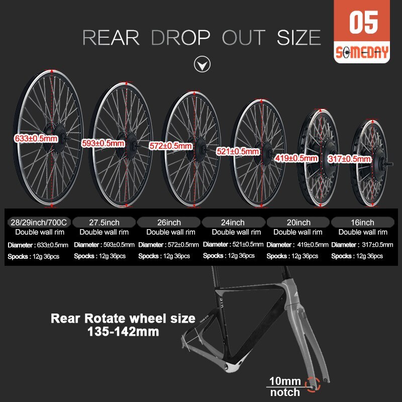 36V 48V 250W E-Bike Conversion Kit Rear Rotate Wheel Hub Motor 16-29inch/700C