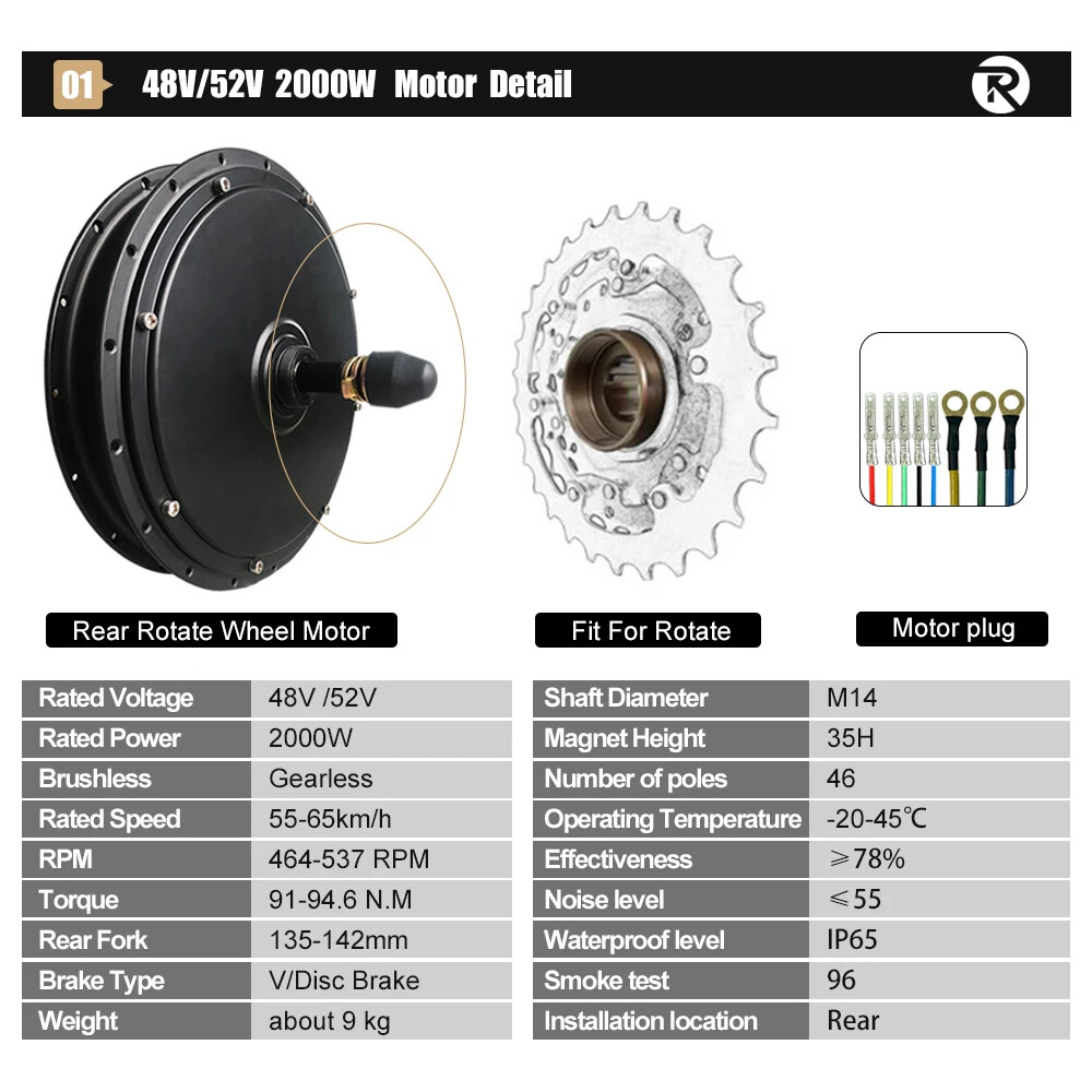 48/52V 2000W Mountain Electric Bicycle Front Rear Wheel Hub Motor 20-29inch 700C