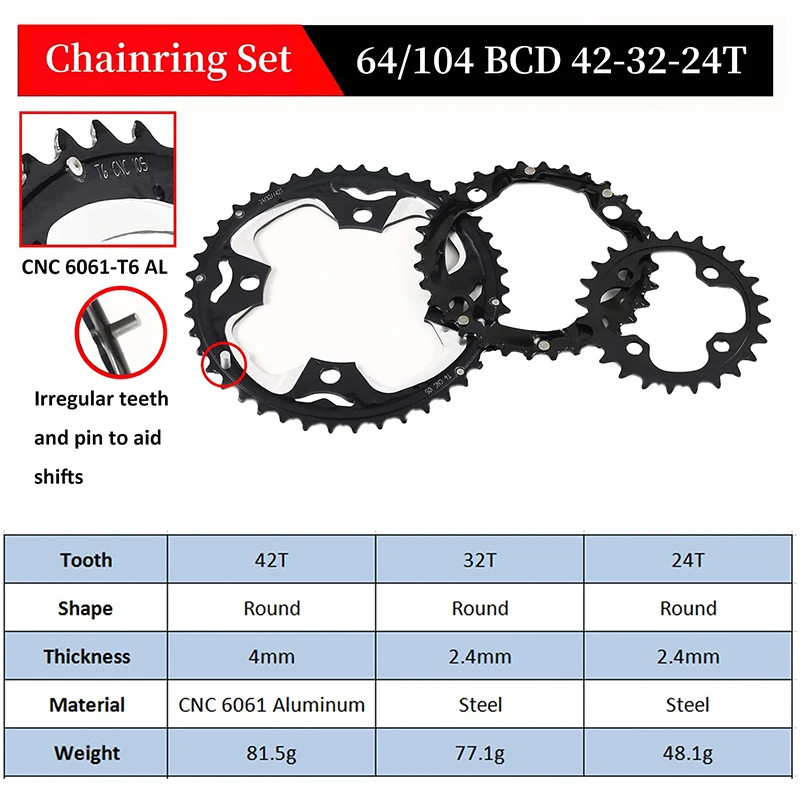104/64 BCD Bicycle Chainring 22T 24T 26T 32T 38T 42T 44T MTB Chainring 9S 10S Mo