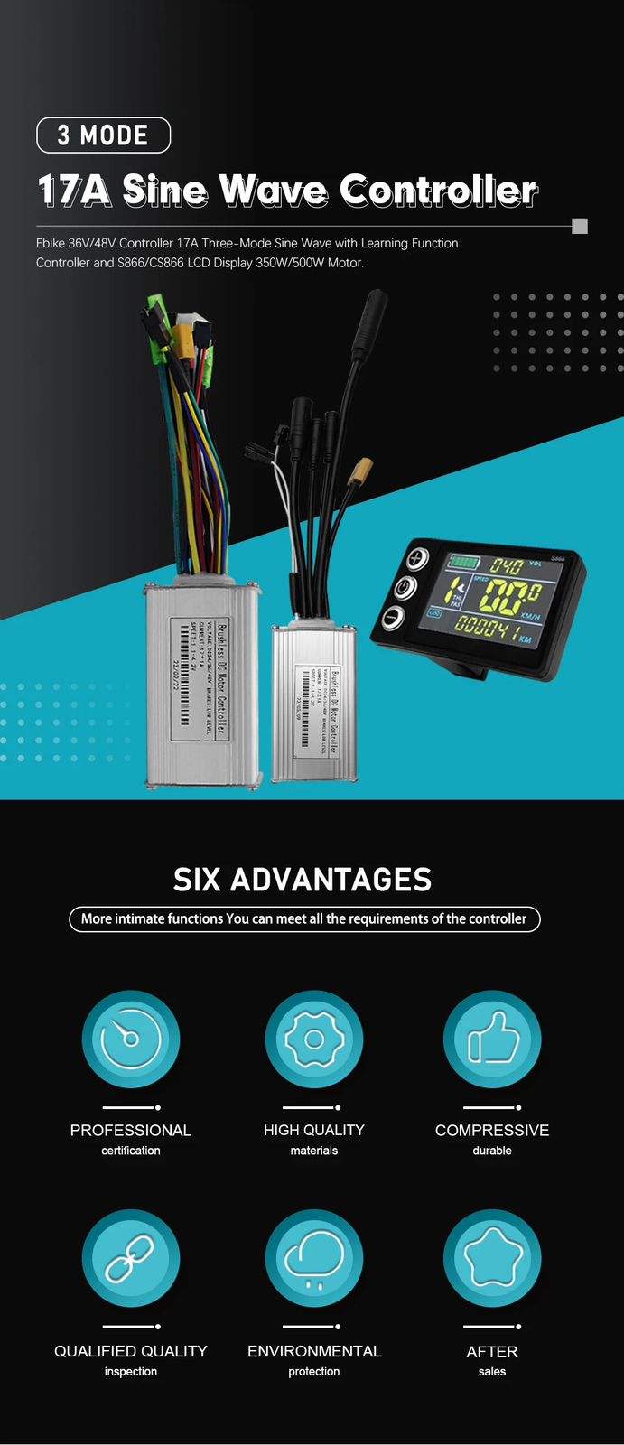 E-bike Three-Mode Sine Wave Controller 36V 48V 17A with S866/CS866 LCD Display