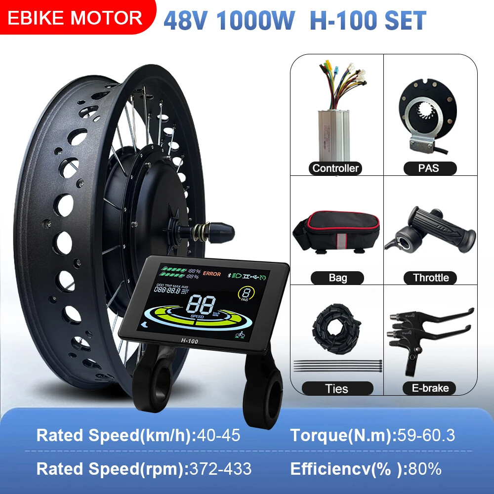 48V 1000W Snow Electric Bike Fat Brushless Front Hub Motor Wheel 20/24/26Inch