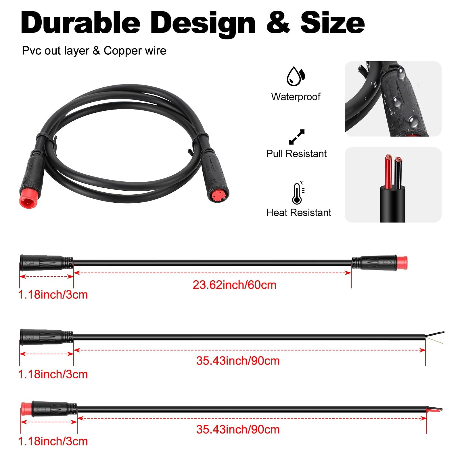 2 Pin E-Bike Extension Cables – Male to Female, 24inch, Waterproof Julet Styl…