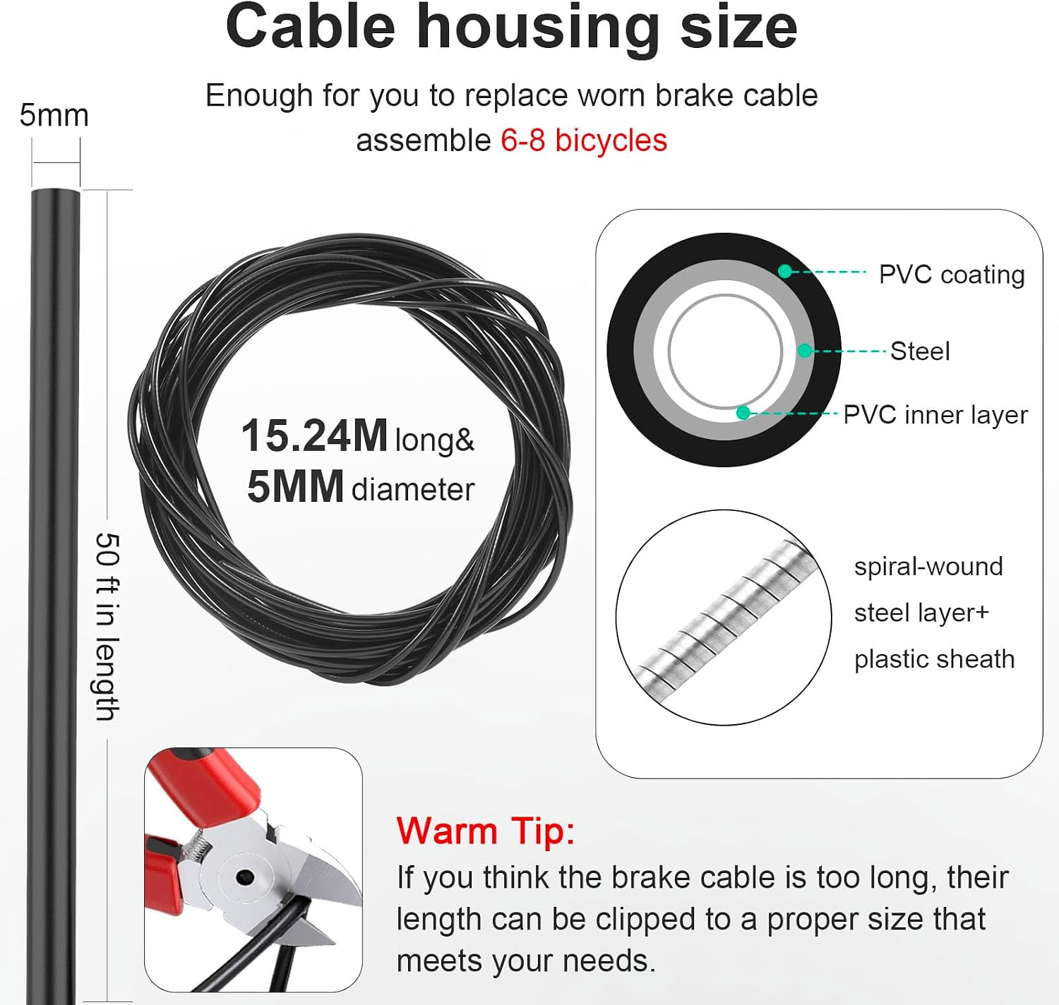 Brake Cable Housing, 5Mm X 50Ft Bicycle/Bike Lined Brake Cable Housing,Bicycle