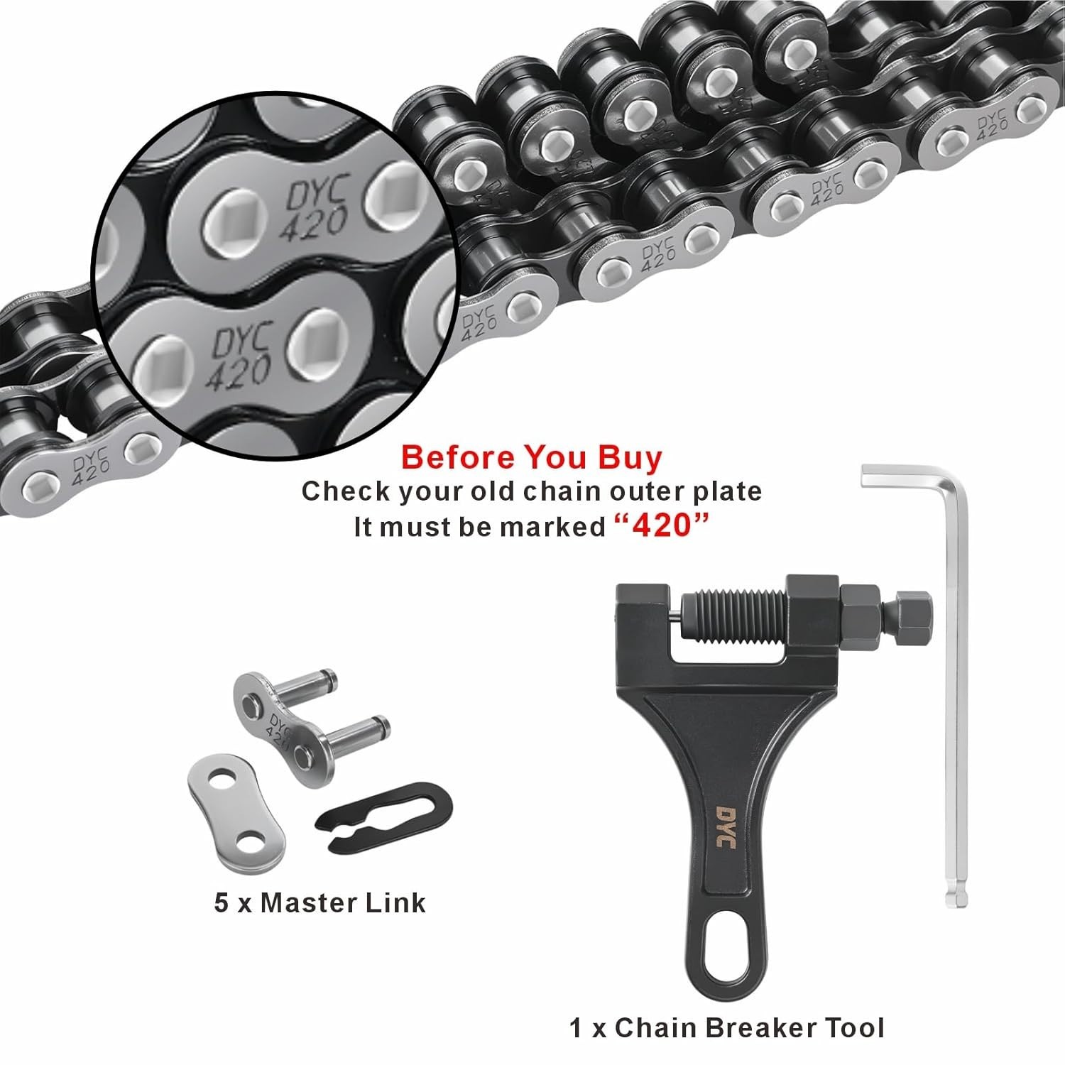 DYC 420 Chain 132 Links with 5 Master Links and Chain Breaker Tool | Cut to f…