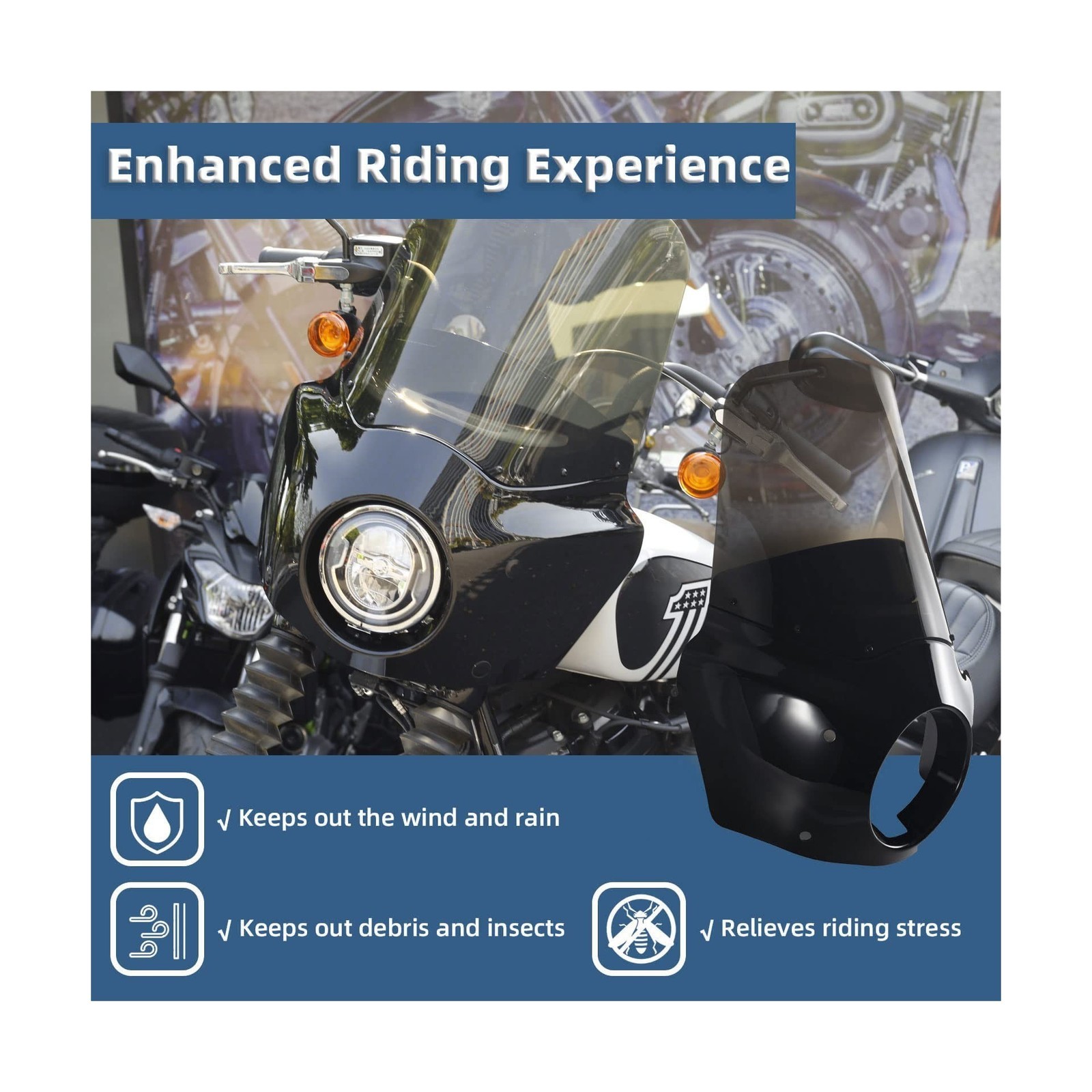 BOSYCY Motorcycle Fairing Windshield Kit, 5.75″ Headlight Fairings 48-58mm Fo…