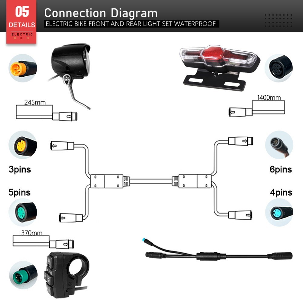 Ebike Waterproof Light Set with Headlight Taillights and Cable Integration