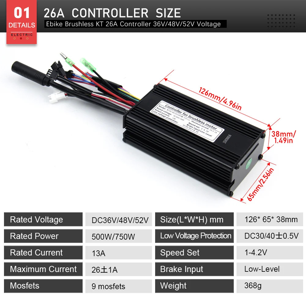 E-bike Controller 36V 48V 52V 26A Waterproof Sinewave Controller 500W 750W