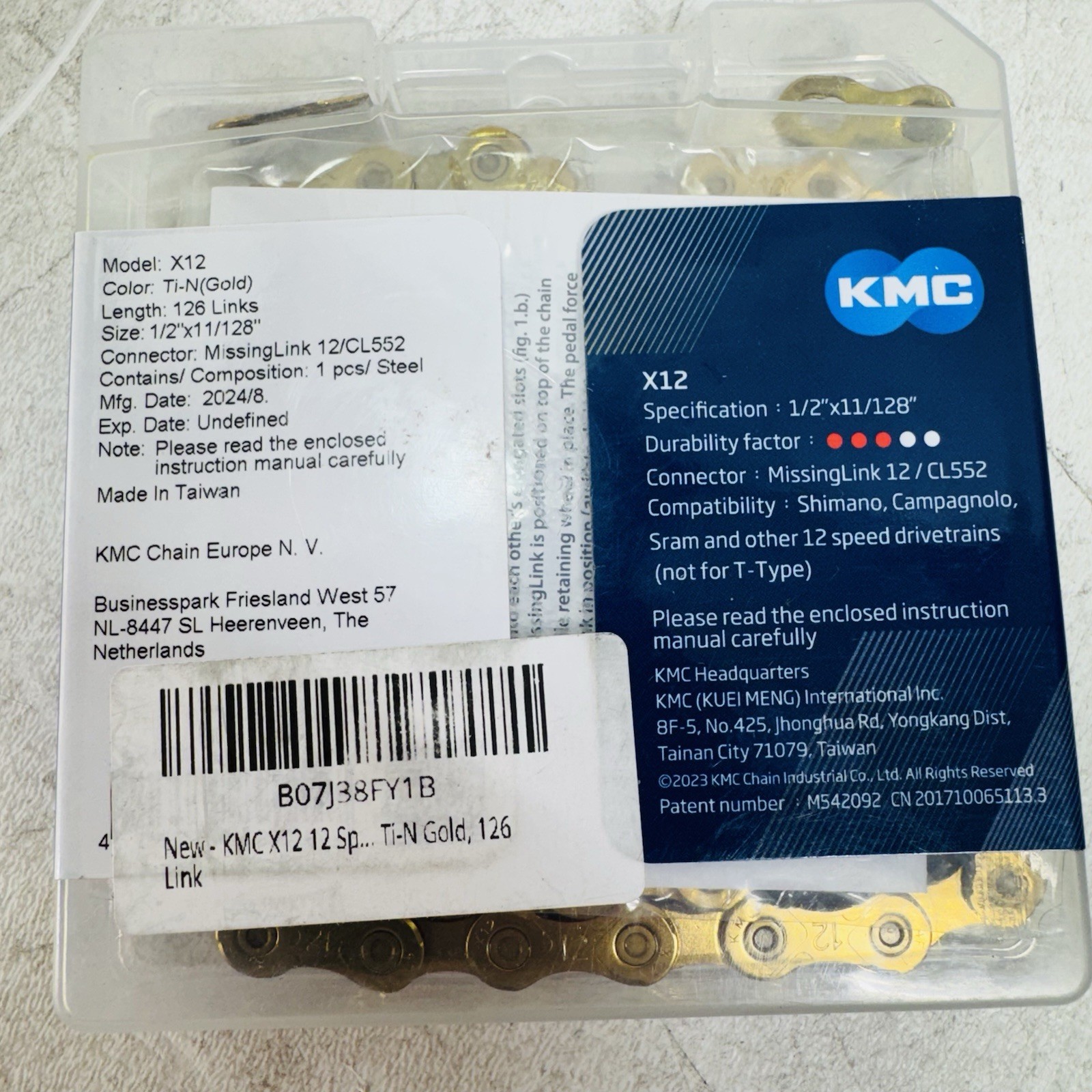 KMC X12 12-Speed 126L Ti Nitride Gold / Black Bike Chain fits SRAM Shimano