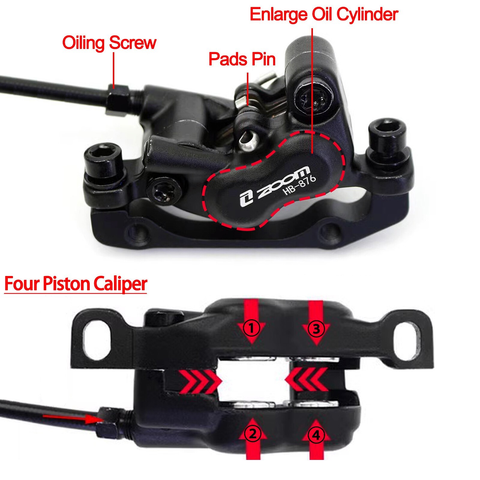 ZOOM HB876e E-Bike 4-Pistons Power off MTB Hydraulic Disc Brake Set 1110/1860MM