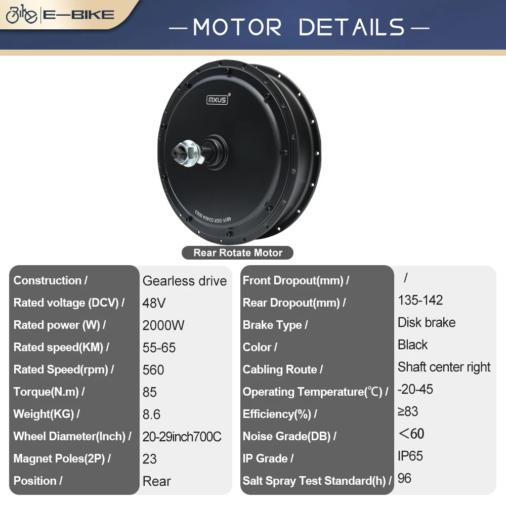 48V 2000W Mountain E-bicycle Brushless Non-gear Rear Hub Motor Dropout 135-142mm