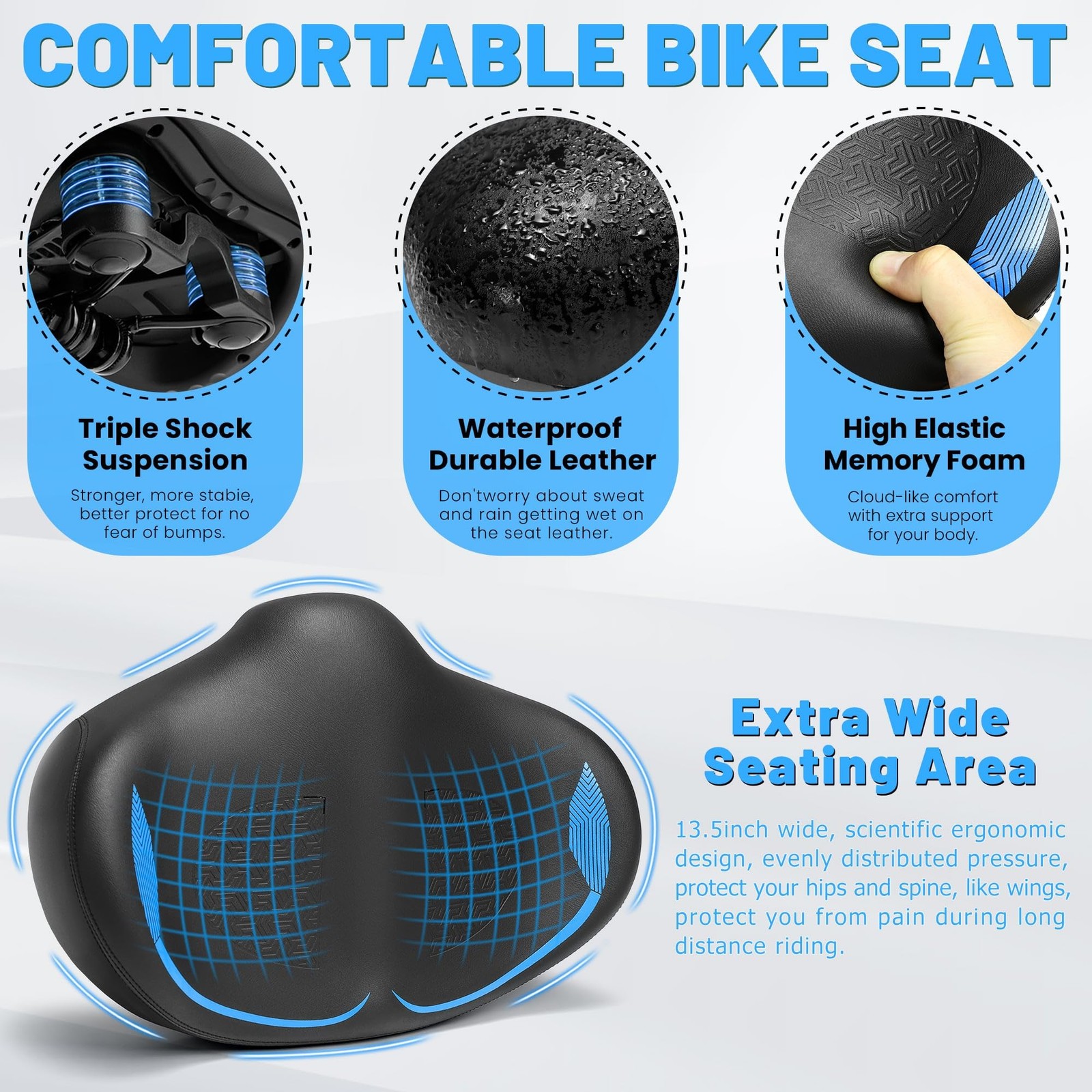 Noseless Oversized Bike Seat For Men Women Comfort Extra X-Large Blue Cushion