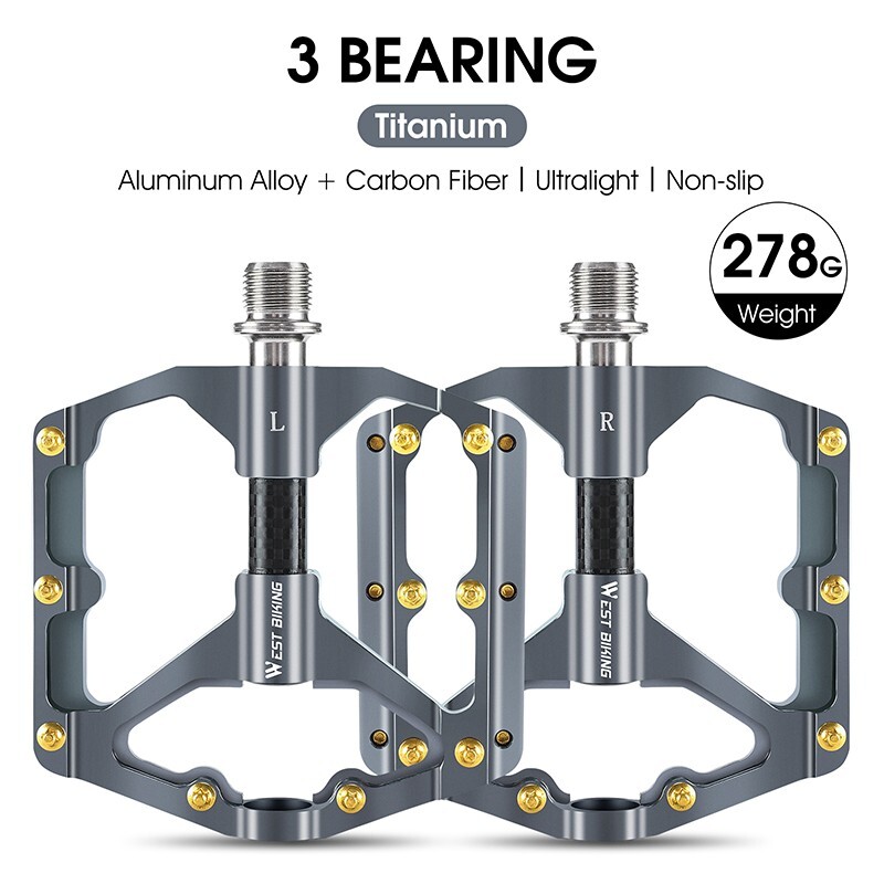 WEST BIKING Bicycle Pedals Carbon Fiber Axle 3 Bearing Bike Pedal 9/16″ Titanium