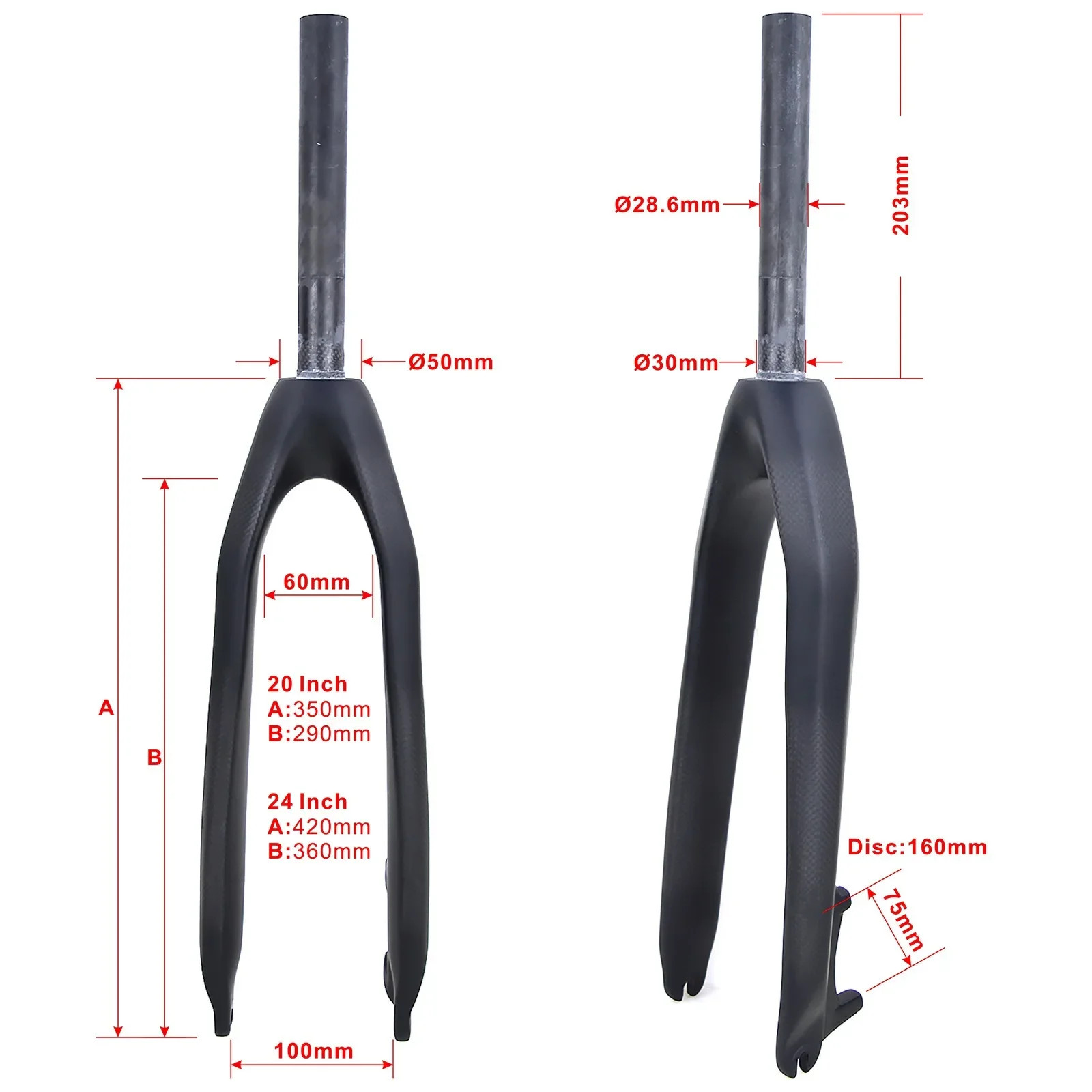 Carbon Fiber Folding MTB Front Fork 20 24er Straight Tapered Tube Disc Brake