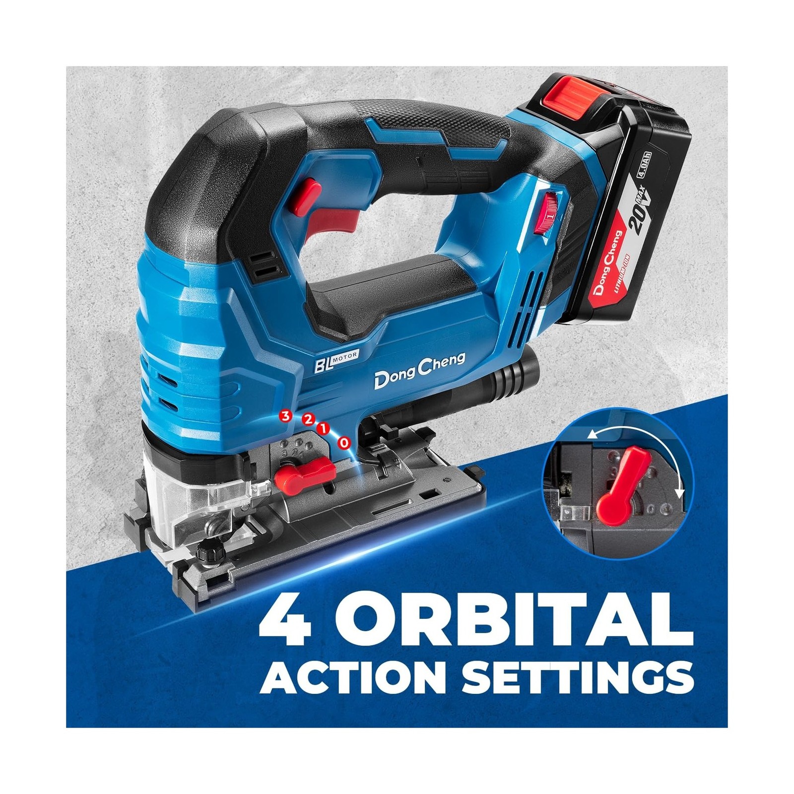 Dong Cheng 20V Brushless Jigsaw, 26mm Stroke, 800-3500 SPM, 0-45° Bevel, 6-