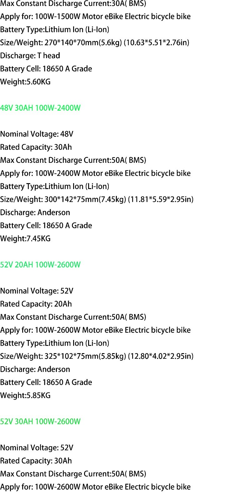 Ebike Battery 72V 60V 52V 48V 36V 8Ah 10Ah 14Ah 20Ah 30A 50W-3600W Electric Bike