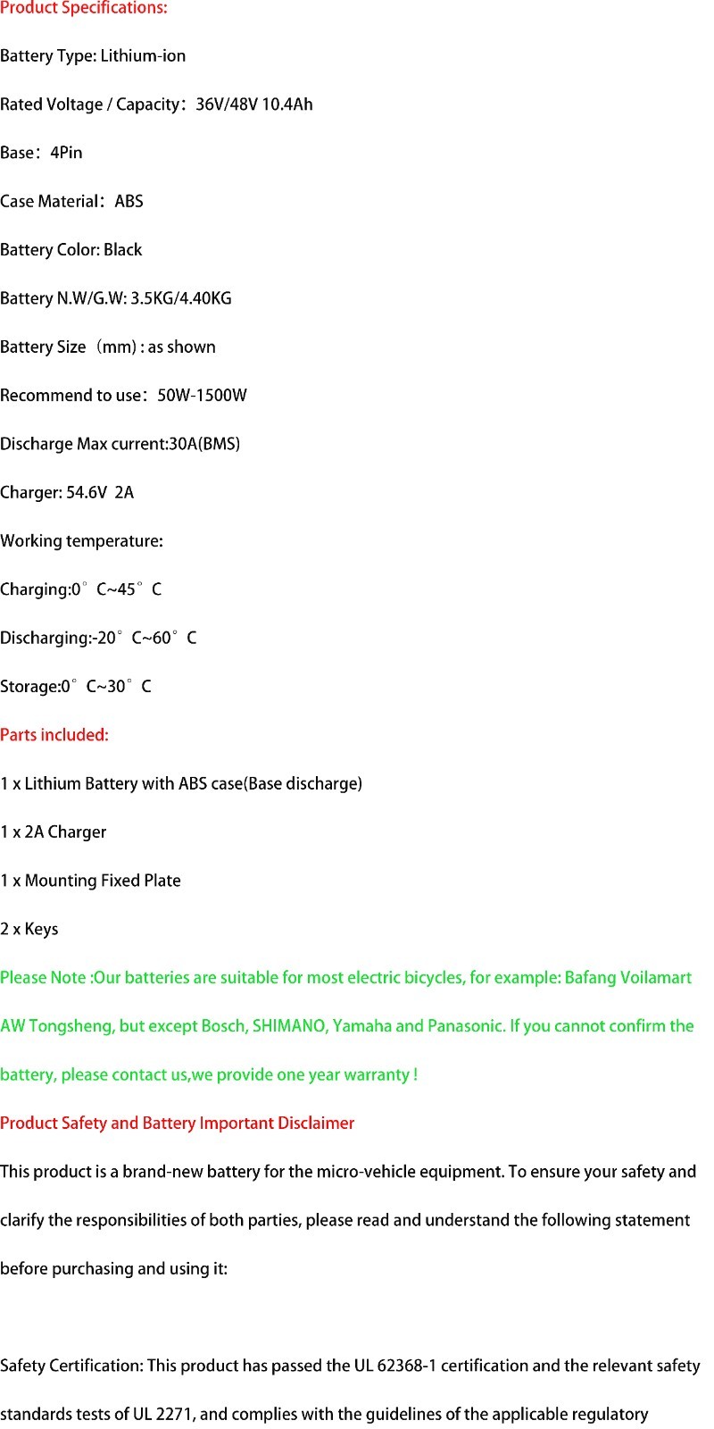 Lithium Ebike Battery 48V 36V 10.4Ah 1000W 750W 500W 350W 200W Electric Bike 30A