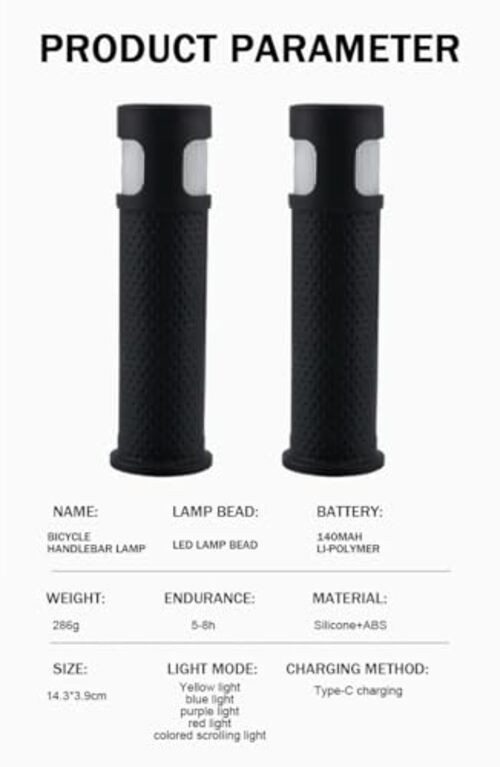 Bicycle Handlebar Grips with LED Lights – USB-C Rechargeable, Universal 22mm