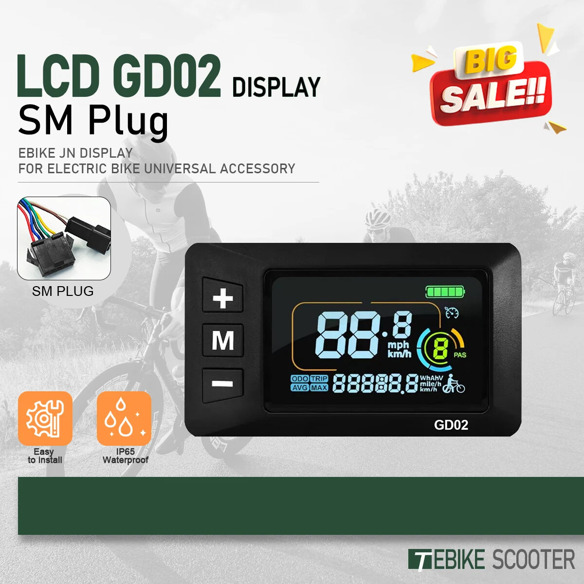E-bike LCD Display 24V 36V 48V 52V 60V SM/WP Plug Compatible with Controllers