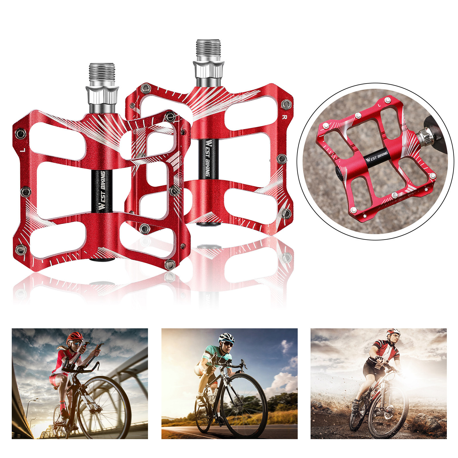 WEST BIKING 2 Sealed Bearings Bicycle Pedals Aluminum Alloy Bike Flat Pedals Red