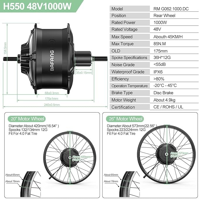 48V1000W Bafang Rear 20» 26″ Wheel Hub Motor DIY Fat Tire Ebike Conversion Kits