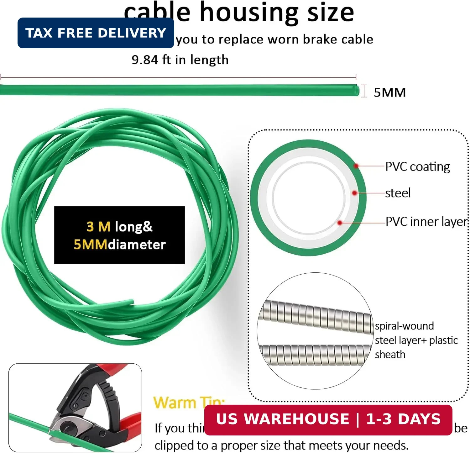 Brake Cable Housing,5mm X 9.84ft Bicycle/Bike Lined Brake Cable Housing with Cab