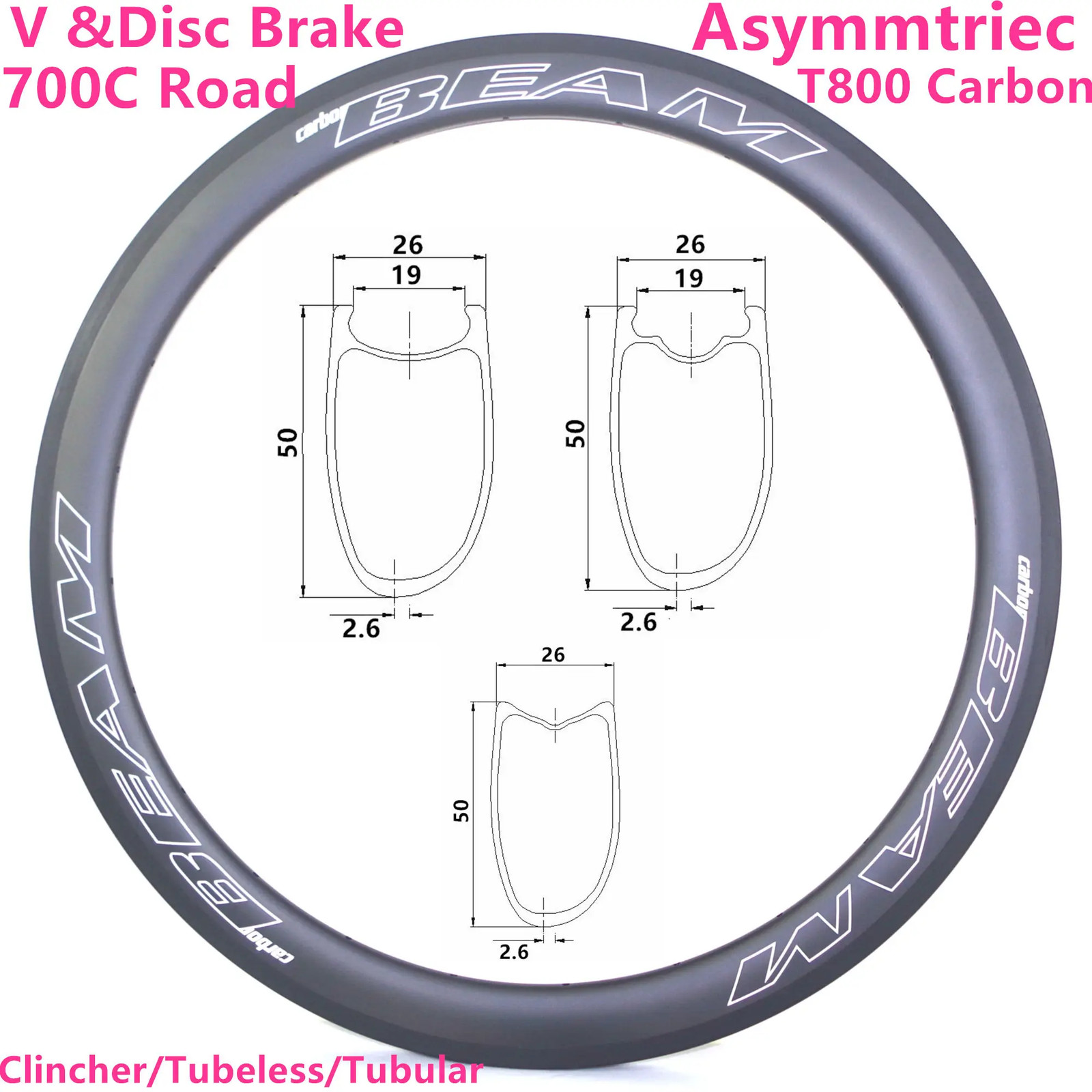 Asymmetric Carbon Road Bike Rims 50mm Depth 700C Matte/Glossy Finish 16-32Holes