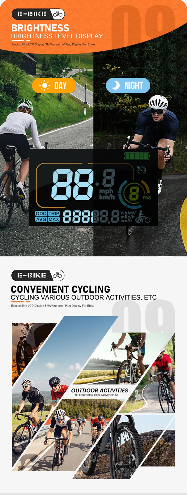 E-bike LCD Display 24V 36V 48V 52V 60V SM/WP Plug Compatible with Controllers