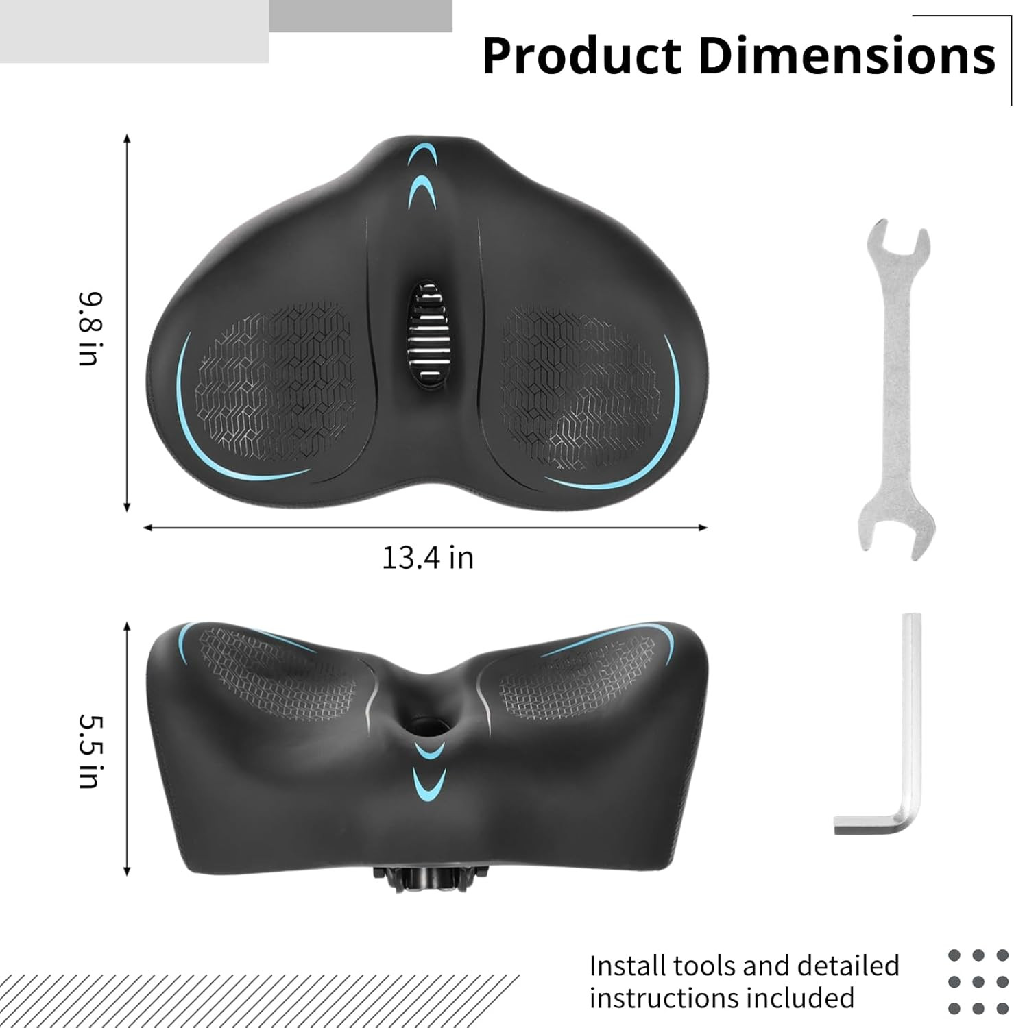 Noseless Oversized Bike Seat – Extra Wide Bicycle Seat Cushion, 13.4 X 9.8 In, C