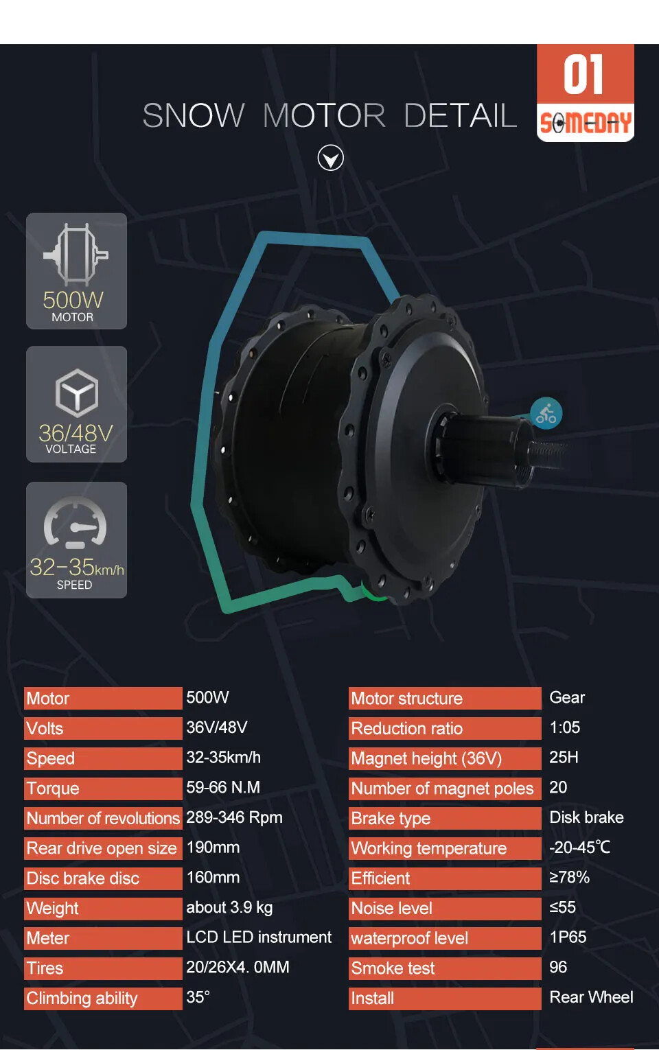 20/26in 36V 48V 500W Rear Cassette Hub Motor for Snow Fat Bike Conversion Kit