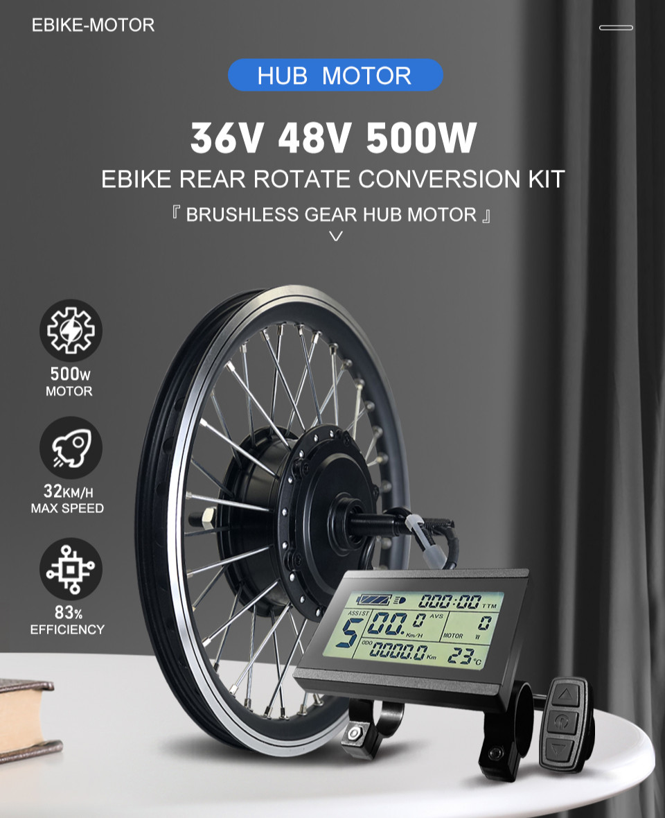 36V 48V 500W E-bike Conversion Kit Brushless Gear Rear Rotate Hub Motor Wheel
